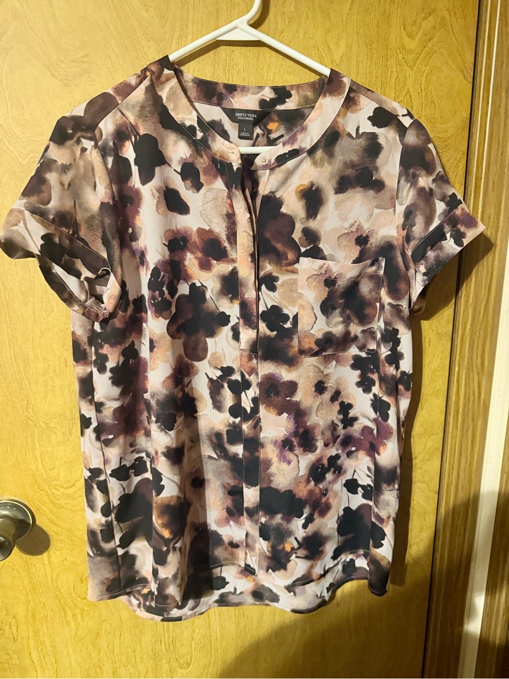 Simply Vera Vera Wang Floral Short-Sleeve Blouse in Multi Brown and Black